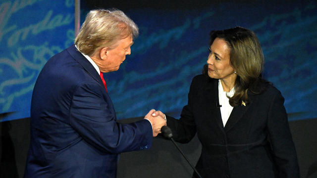 Vice President Kamala Harris shakes hands with former President Donald Trump during a presidential debate at the National Constitution Center in Philadelphia, Pennsylvania, on Sept. 10, 2024. 