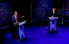 Vice President Kamala Harris, right, and former President Donald Trump during the second presidential debate at the Pennsylvania Convention Center in Philadelphia, Pennsylvania, on Tuesday, Sept. 10, 2024. 