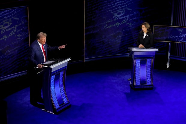 Vice President Kamala Harris, right, and former President Donald Trump during the second presidential debate at the Pennsylvania Convention Center in Philadelphia, Pennsylvania, on Tuesday, Sept. 10, 2024.