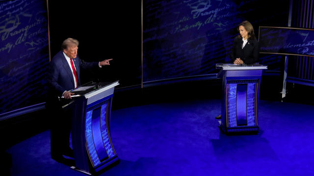 Vice President Kamala Harris, right, and former President Donald Trump during the second presidential debate at the Pennsylvania Convention Center in Philadelphia, Pennsylvania, on Tuesday, Sept. 10, 2024. 