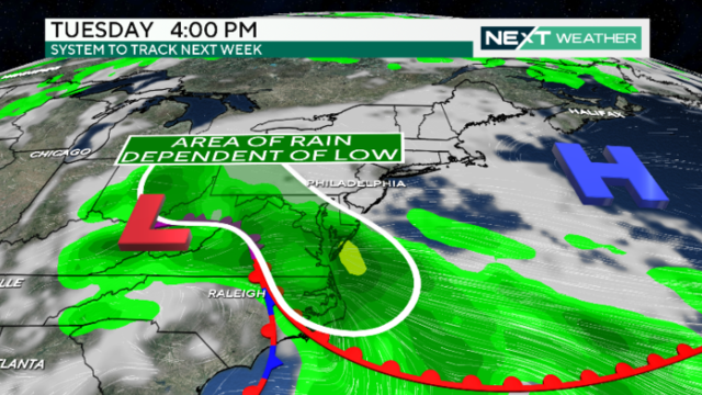 A weather map showing an area of rain moving into the region Tuesday afternoon 