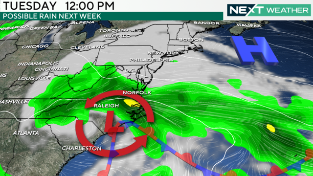 A weather map showing a rain system moving into the area on Tuesday 