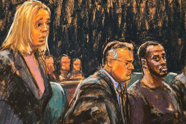 Assistant U.S. Attorney Emily Johnson argues for the prosecution as Sean "Diddy" Combs and his defense lawyer Marc Agnifilo are seated during a bail hearing in federal court in the Manhattan borough of New York City, Sept. 18, 2024, in this courtroom sketch. 