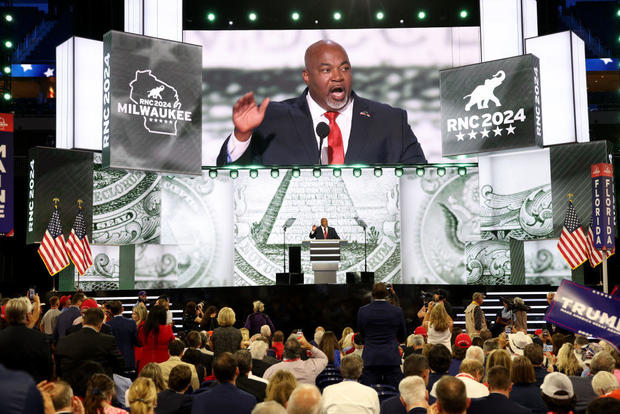 North Carolina Lt. Gov. Mark Robinson speaks during the first day of the Republican National Convention in Milwaukee, Wisconsin, on Monday, July 15, 2024. 