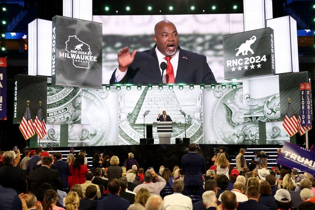 North Carolina Lt. Gov. Mark Robinson speaks during the first day of the Republican National Convention in Milwaukee, Wisconsin, on Monday, July 15, 2024.