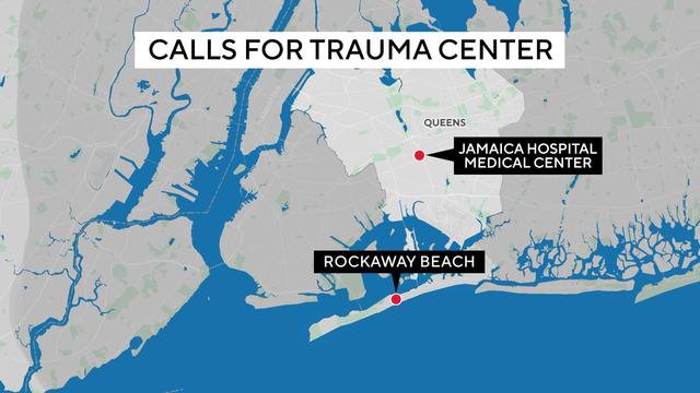 A map showing the locations of Rockaway Beach and Jamaica Hospital Medical Center. 