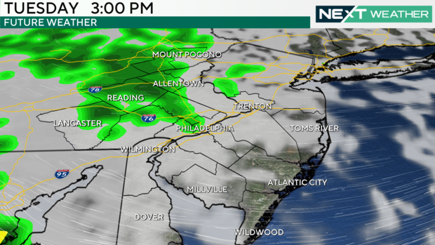 A weather map showing an area of rain near Philadelphia on Tuesday 