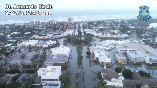 A drone view shows a flooded St. Armands Circle after the area was hit by Helene in Sarasota, Florida, Sept. 27, 2024, in this still image obtained from social media video.
