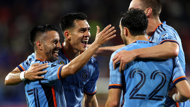 Alonso Martínez #16 of New York City celebrates a goal with teammates against the New York Red Bulls during the first half at Red Bull Arena on September 28, 2024 in Harrison, New Jersey. 