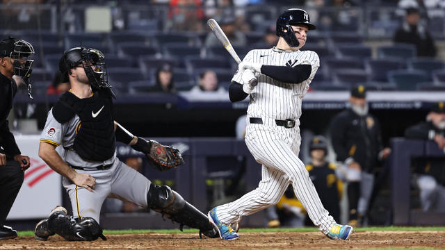 Alex Verdugo #24 of the New York Yankees hits a two-run single during the eighth inning of the game against the Pittsburgh Pirates at Yankee Stadium on September 29, 2024 in New York City. 