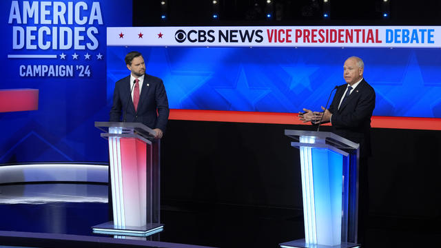 Minnesota Gov. Tim Walz and Ohio Sen. JD Vance at the vice presidential debate hosted by CBS News on Tuesday, Oct. 1, 2024, in New York. 