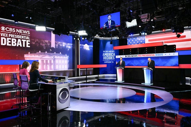 Sen. JD Vance and Minnesota Gov. Tim Walz participate in the vice presidential debate hosted by CBS News at the CBS Broadcast Center in New York City on Oct. 1, 2024. 