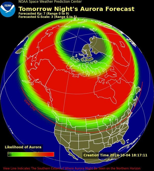 Um mapa do Centro de Previsão do Clima Espacial mostra a previsão da aurora para os EUA em 5 de outubro de 2024.