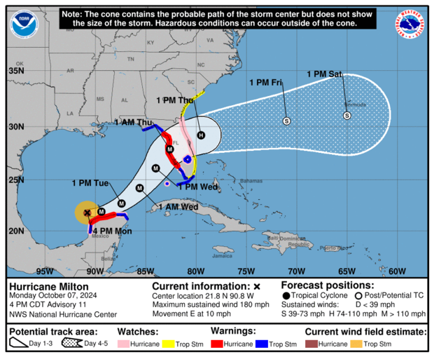 A map shows the predicted path of Hurricane Milton 