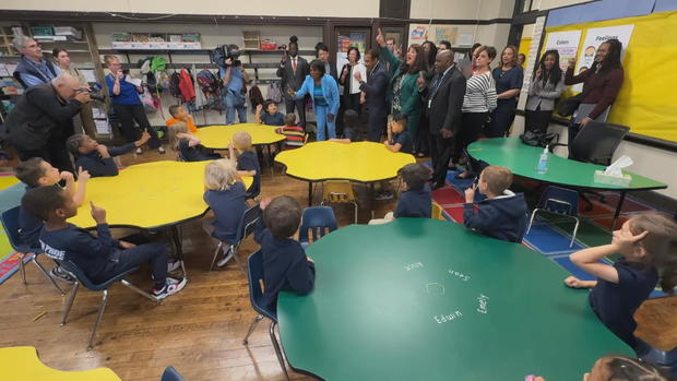 Mayor Cherelle Parker speaks to a classroom of children 