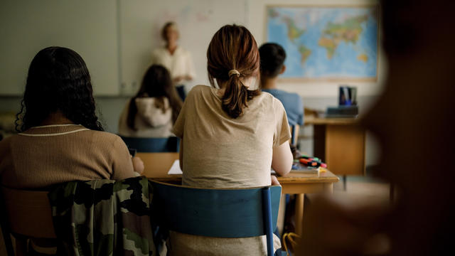 Rear view of teenage girls and boys learning in classroom 