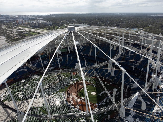 dome of Tropicana Field torn open by Hurricane Milton
