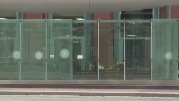 Smashed glass at new BART station entrances 