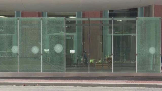 Smashed glass at new BART station entrances 