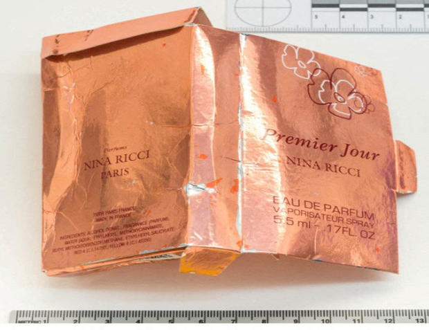 FILE PHOTO: Packaging for a counterfeit bottle of perfume that was recovered from Charlie Rowley's home is seen in an image handed out by the Metropolitan Police in London 