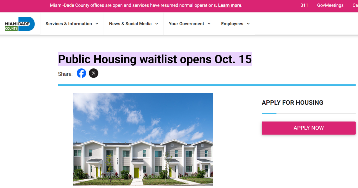 Miami-Dade County opens public housing waitlist for 2024: Applications accepted Oct. 15-25