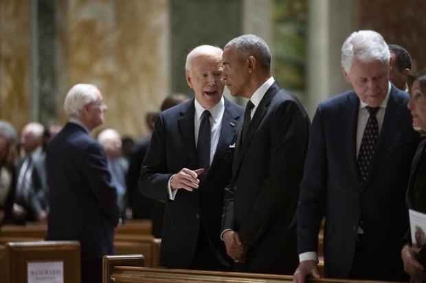 President Biden and former Presidents Barack Obama and Bill Clinton attend a memorial service for Ethel Kennedy at the Cathedral of St. Matthew the Apostle in Washington on Wednesday, Oct. 16, 2024. 