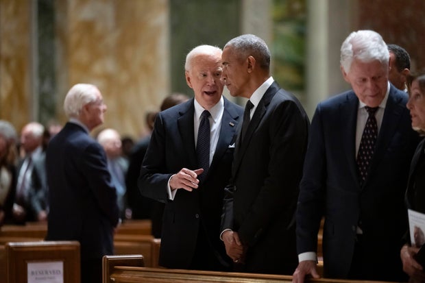 President Biden and former Presidents Barack Obama and Bill Clinton attend a memorial service for Ethel Kennedy at the Cathedral of St. Matthew the Apostle in Washington on Wednesday, Oct. 16, 2024.
