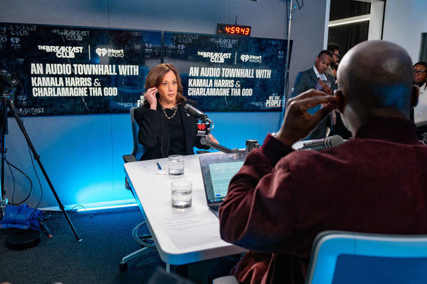 Vice President Kamala Harris prepares to speak with Charlamagne Tha God on oct. 15, 2024, in Detroit. 