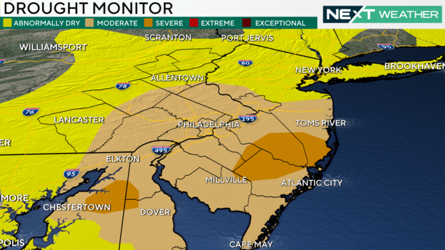 A weather map showing that parts of the Philadelphia region are in moderate to severe droughts 