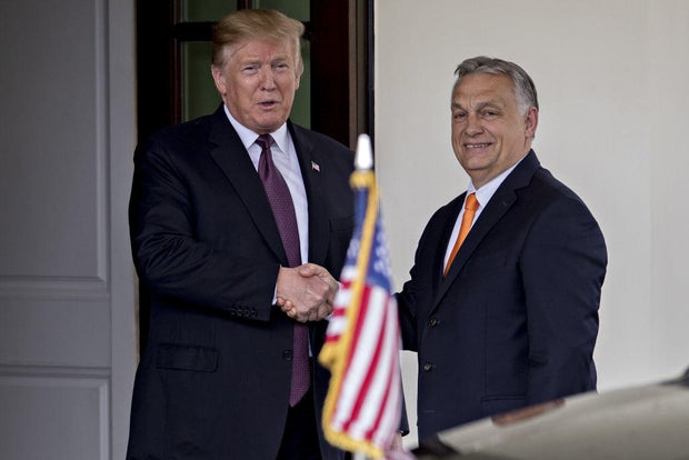 President Donald Trump shakes hands with Hungarian Prime Minister Viktor Orbán outside the West Wing of the White House on Monday, May 13, 2019.