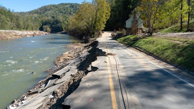 A damaged road in North Carolina after Helene 