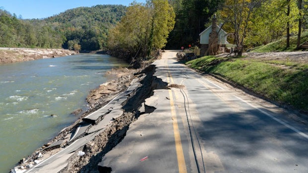 A damaged road in North Carolina after Helene