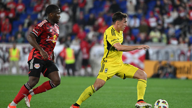 Malte Amundsen #18 of the Columbus Crew advances the ball during the second half against the New York Red Bulls at Red Bull Arena on October 19, 2024 in Harrison, New Jersey. 