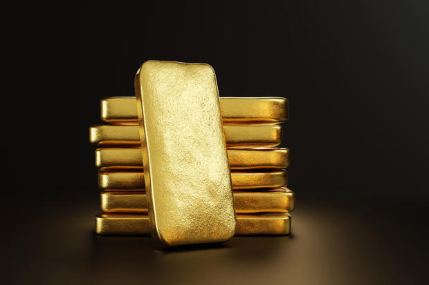 Gold bullion leaning connected a stack of golden ingots. Illustration of nan conception of precious metallic waste and acquisition and wealthiness 