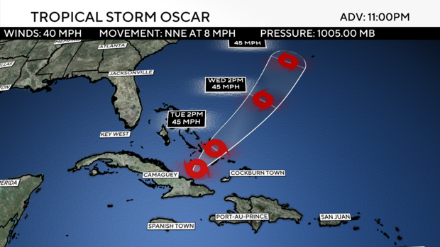 A weather map showing the track of Tropical Storm Oscar 