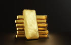 Gold bullion leaning on a stack of gold ingots. Illustration of the concept of precious metal trade and wealth 