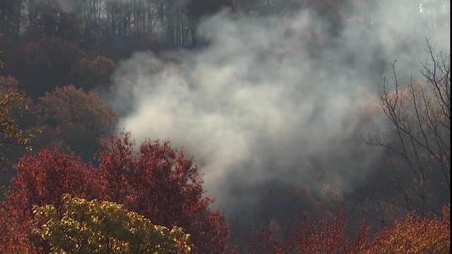 Smoke pours from a wooded area. 