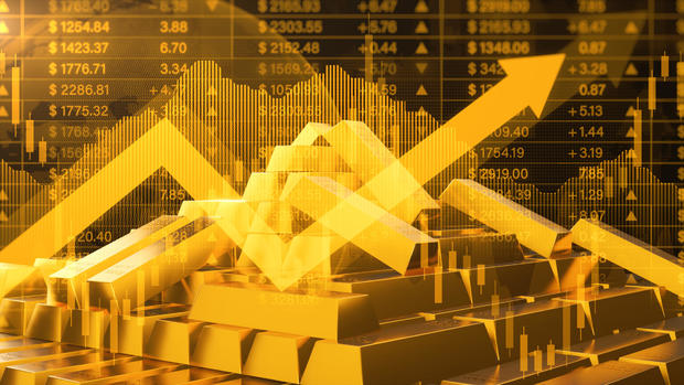 Gold investment uptrend, digital illustration of gold bars with an overlying stock market chart depicting wealth and investment strategies. 3D rendering 