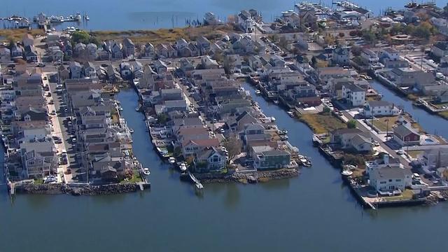 An aerial view of the Broad Channel neighborhood in Queens with homes surrounded by Jamaica Bay. 