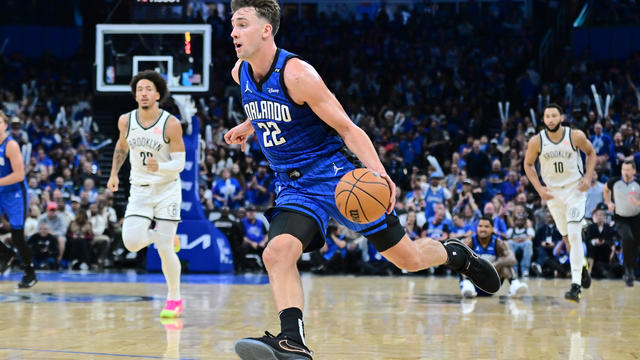 Franz Wagner #22 of the Orlando Magic drives to the basket during the second half of a game against the Brooklyn Nets at Kia Center on October 25, 2024 in Orlando, Florida. 