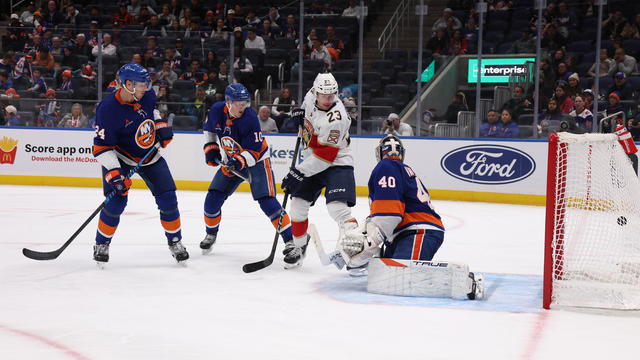 Semyon Varlamov #40 of the New York Islanders gives up a goal against Matthew Tkachuk #19 of the Florida Panthers not pictured during their game at UBS Arena on October 26, 2024 in Elmont, New York. 