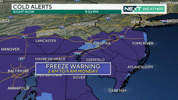 A weather map showing that the Philadelphia region - except Philadelphia and Delaware Counties - will be under a freeze warning from 2 am to 9 am Monday 