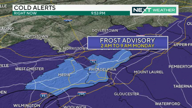 A weather graphic showing that a frost advisory is in place for Delaware County and Philadelphia County Monday from 1 am to 9 am 