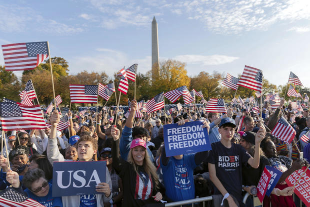 Kamala Harris supporters wave flags at campaign rally 