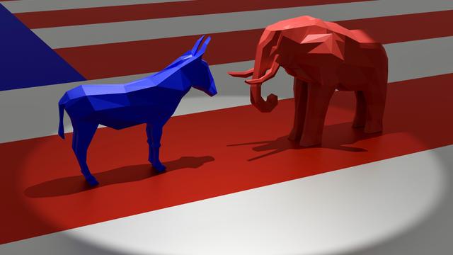 Democratic Blue Donkey and Republican Red Elephant in Spotlight on Top of American Flag 