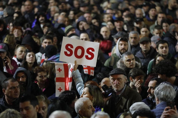 Georgia's President Salome Zurabishvili attends an opposition rally to protest election results in Tbilisi