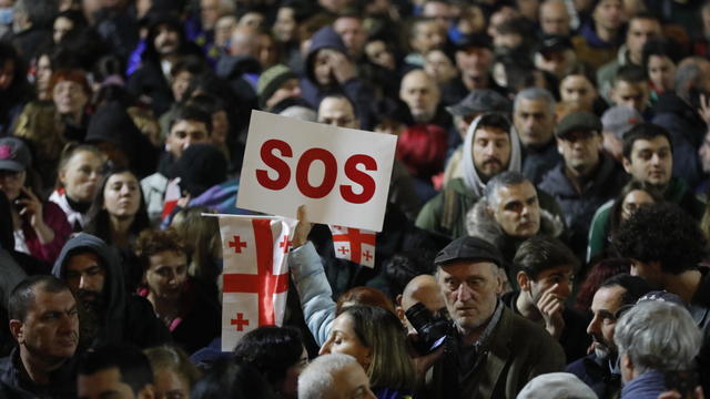 Georgia's President Salome Zurabishvili attends an opposition rally to protest election results in Tbilisi 