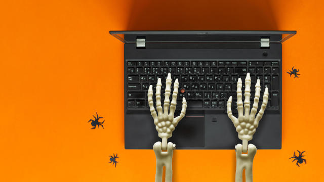 Skeleton hands working on laptop, spiders nearby. Halloween concept. 