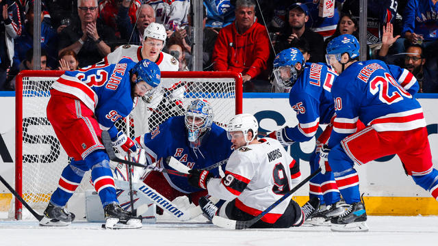 Igor Shesterkin #31 of the New York Rangers makes a save against the Ottawa Senators at Madison Square Garden on November 1, 2024 in New York City. 