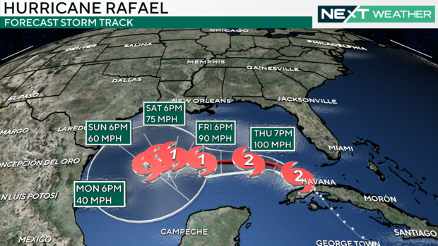 A weather map showing the path of Hurricane Rafael in the Tropics 